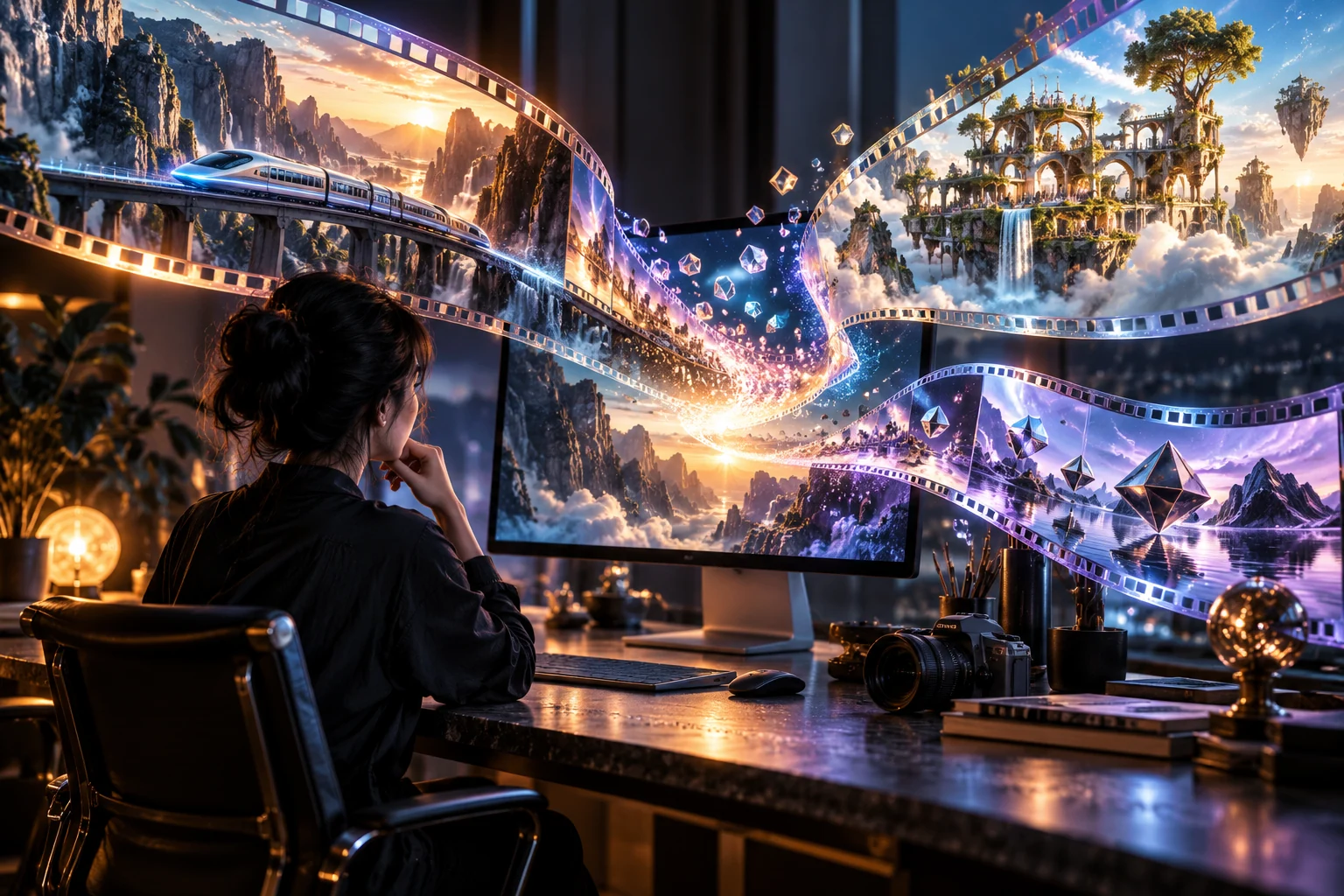 AI creator exploring cinematic worlds and abstract motion through luminous film frames